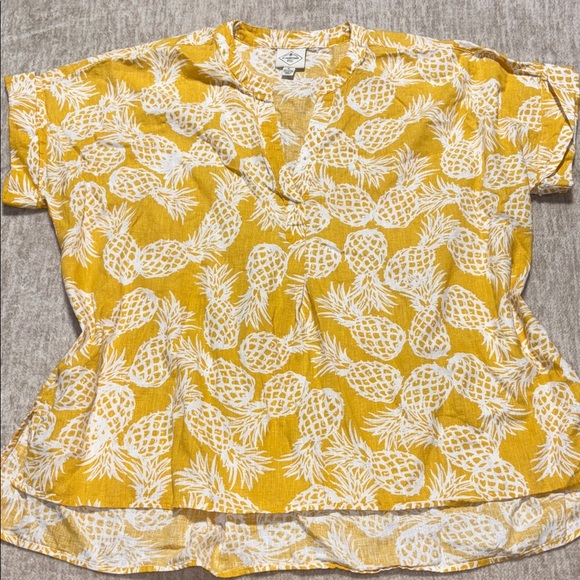 XL XXL pineapple Linen Top short cuffed sleeve pleated back flowy yellow white - Picture 1 of 5